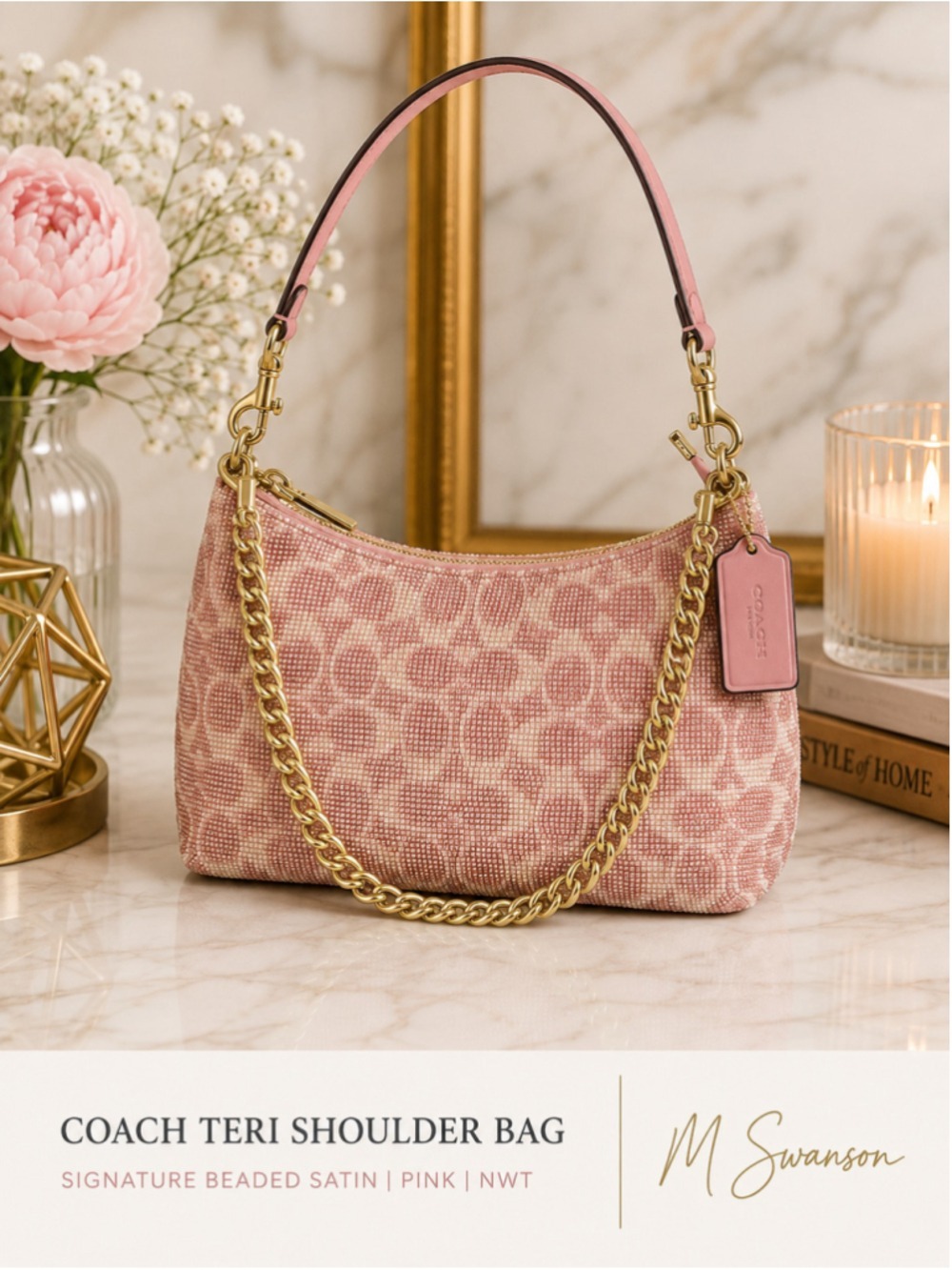 NEW Coach Teri Shoulder Bag Pink Signature Beaded Satin CET14 NWT